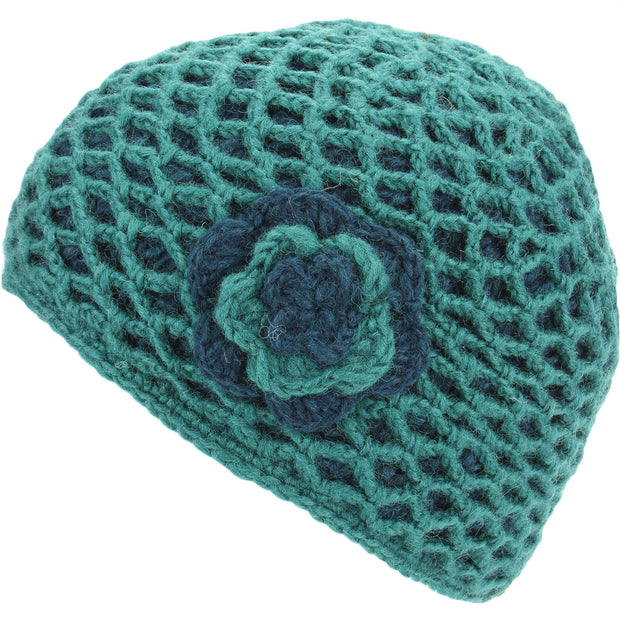 Ladies Wool Knit Crochet Lattice Beanie Hat with Flower - Teal & Green