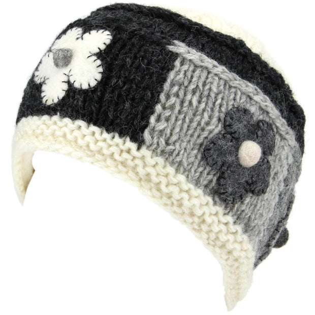 Ladies Wool Knit Beanie Hat with Flower Patch Design - Off White