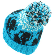 Wool Knit Bobble Beanie Hat - Elephant - Blue White