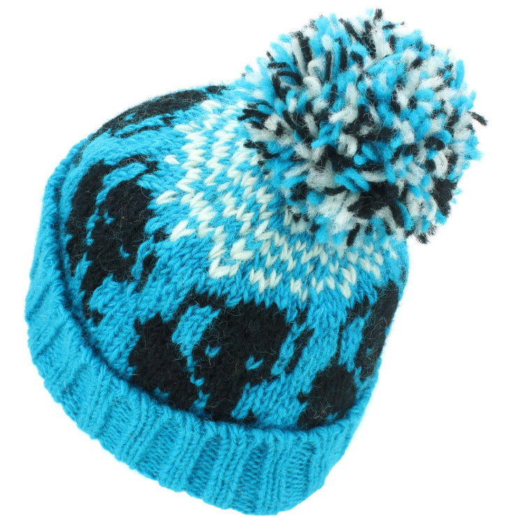 Wool Knit Bobble Beanie Hat - Elephant - Blue White