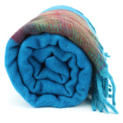 Tibetan Wool Blend Shawl Blanket - Blue with Green & Red Reverse