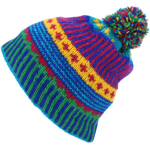 Wool Knit Bobble Beanie Hat - Carnival