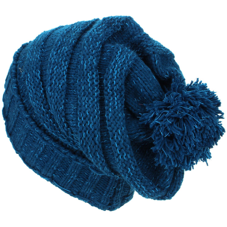 Acrylic Knit Baggy Beanie Bobble Hat - Blue