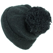 Chunky Wool Knit Baggy Slouch Beanie Bobble Hat - Black