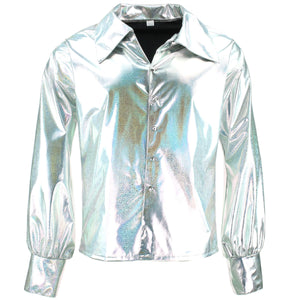 Glänzendes metallisches 70er-Jahre-Hemd – Silber