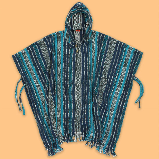 Brushed Cotton Hooded Poncho - Blue