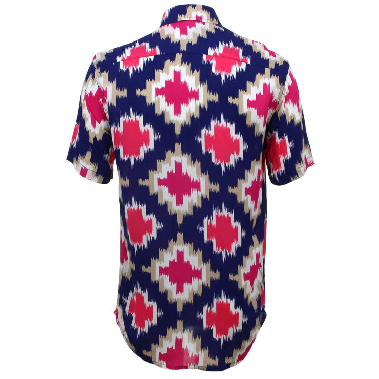 Tailored Fit Short Sleeve Shirt - Pink Abstract on Navy