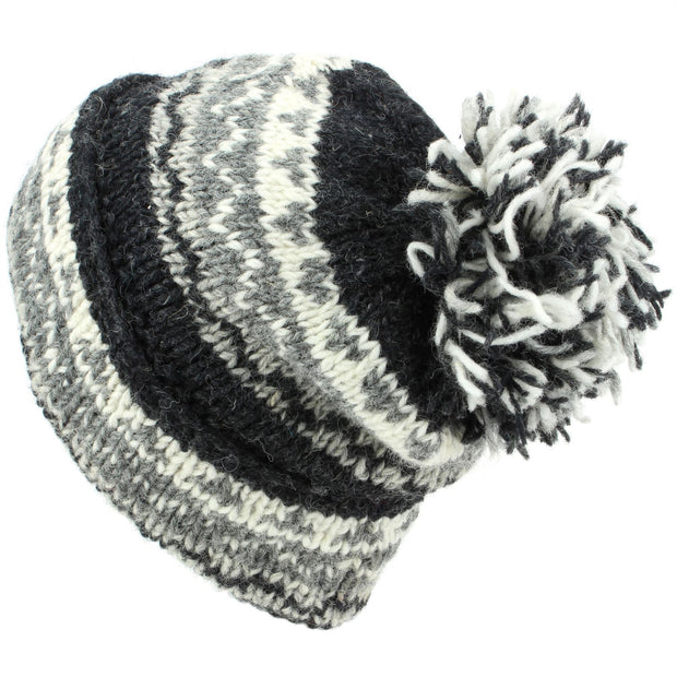 Chunky Wool Knit Baggy Slouch Beanie Bobble Hat - Grey