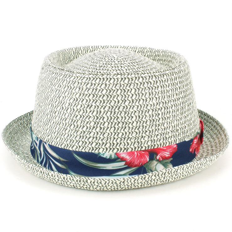 Straw Porkpie Hat with Hawaiian Floral Band - Grey