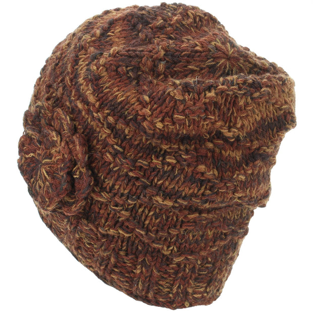 Acrylic Knit Flower Beanie Hat - Brown