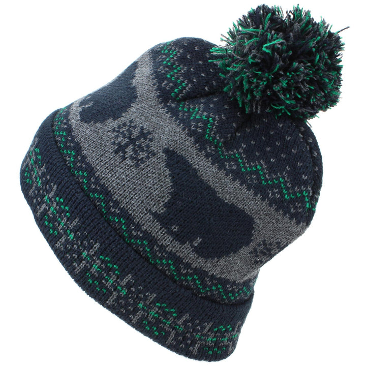Childrens Fine Knit Bobble Beanie Hat with Polar Bear Print - Navy & Green