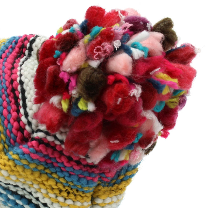 Stripe Knitted Beanie Hat with Bobble - White