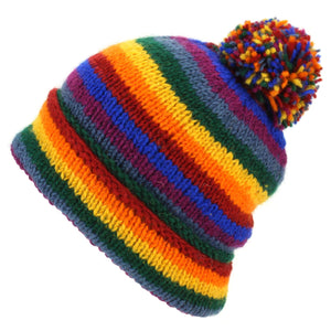 Chunky Wool Knit Beanie Bobble Hat - Stripe Rainbow
