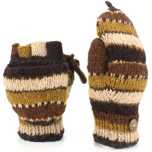 Chunky Wool Knit Fingerless Shooter Gloves - Stripe - Brown