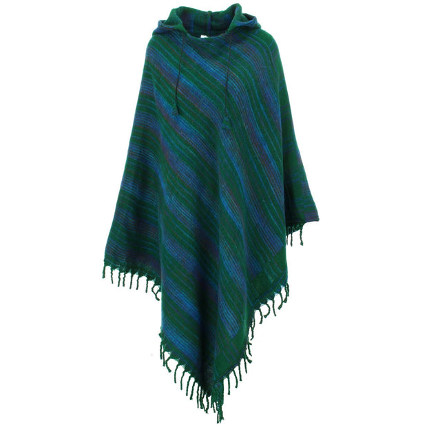 Vegan Wool Hooded Poncho - Green & Blue