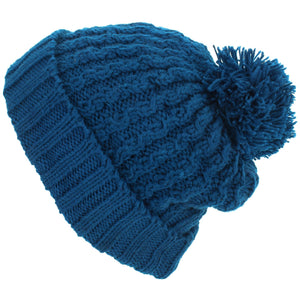 Bonnet à pompon en tricot torsadé - bleu
