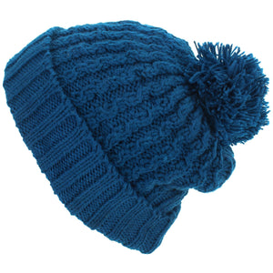 Cable Knit Bobble Beanie Hat - Blue