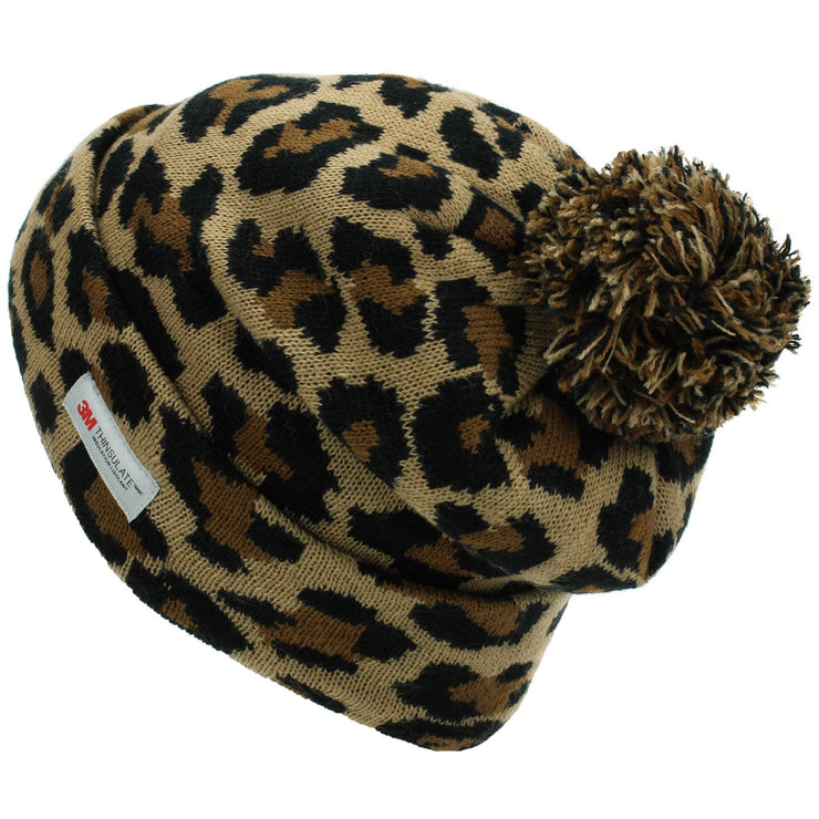Leopard Print Beanie Hat with Bobble - Brown