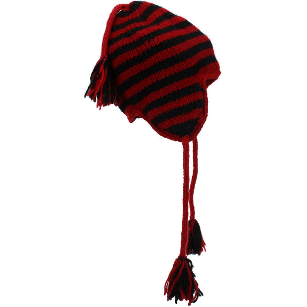 Wool Knit Earflap Tassel Hat - Stripe Red Black