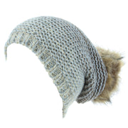 Chunky Knit 2-Tone Slouch Beanie Hat with Faux Fur Bobble - Blue