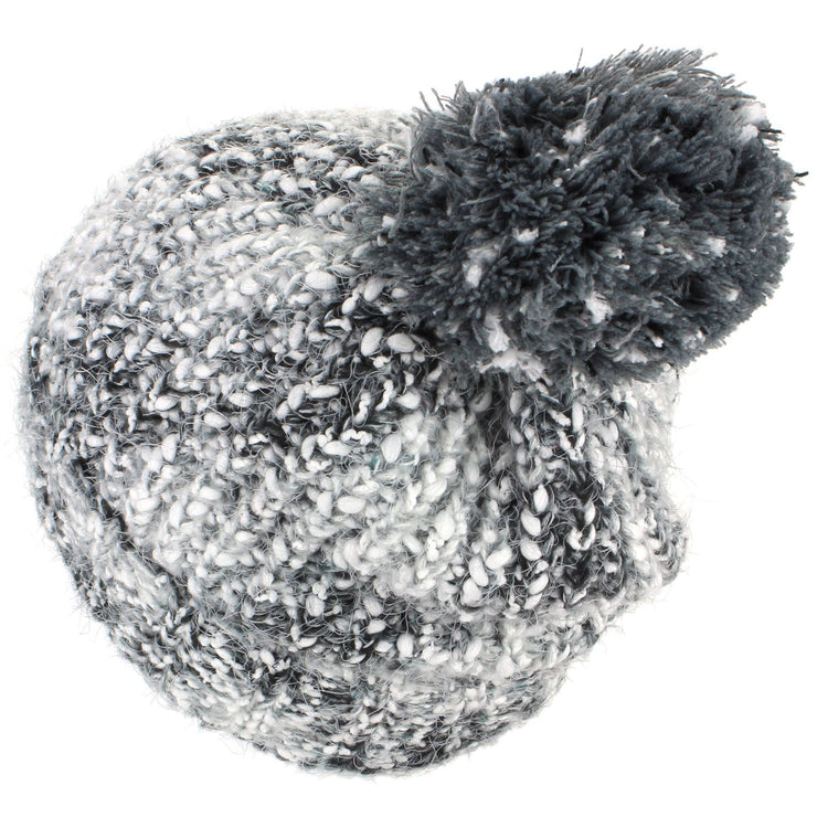 Mixed Yarn Chunky Slouch Beanie Bobble Hat with Super Soft Fleece Lining - Grey