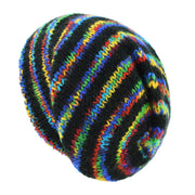 Hand Knitted Baggy Slouch Beanie Hat - Stripe Black Rainbow SD