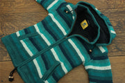 Hand Knitted Wool Hooded Jacket Cardigan Ladies Cut - Stripe Teal