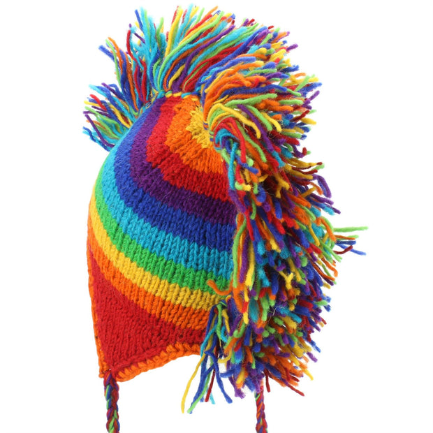 Wool Knit 'Punk' Mohawk Earflap Beanie Hat - Rainbow Stripe