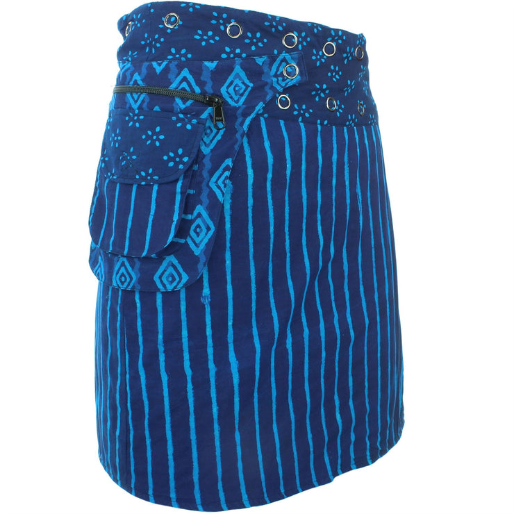 Reversible Popper Wrap Knee Length Skirt - Indigo Patch Strips / Indigo Stripe