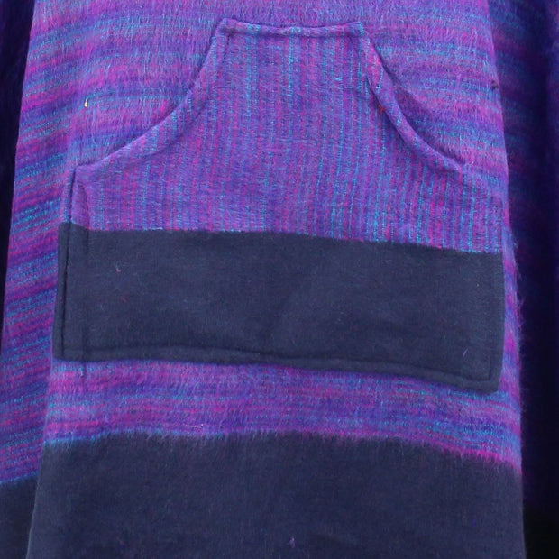 Soft Vegan Wool Hooded Tibet Poncho - Purple & Navy
