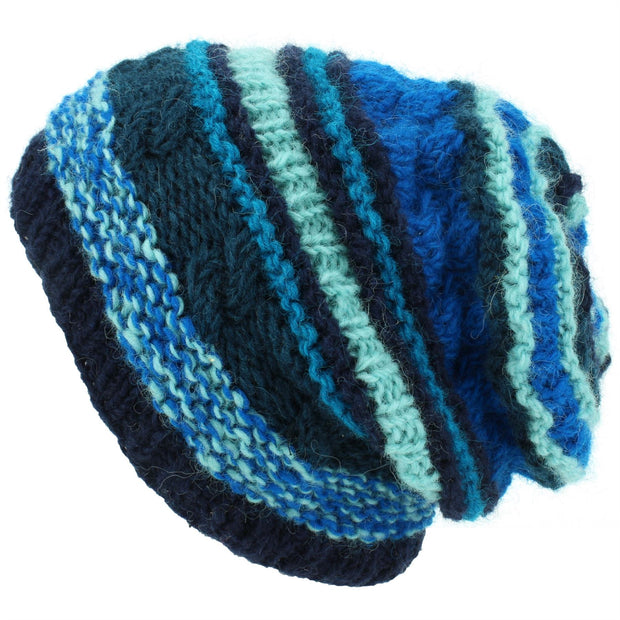 Wool Knit Beanie Hat - Stripe Blue