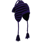 Wool Knit Earflap Tassel Hat - Stripe Purple Black