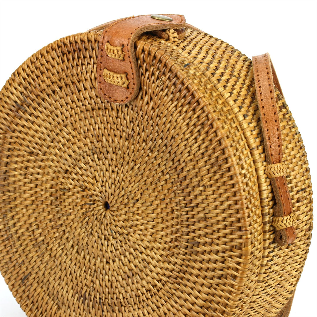 Loud Elephant Handwoven Round Rattan Bag - Brown Snap