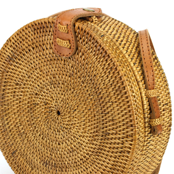 Loud Elephant Handwoven Round Rattan Bag - Brown Snap