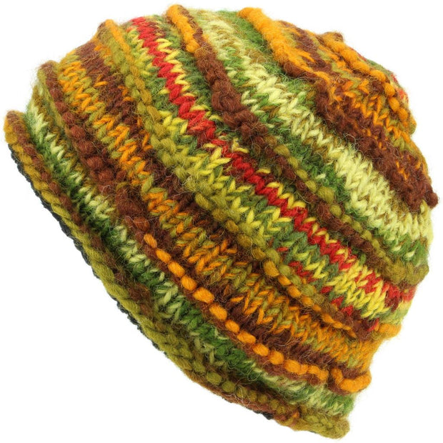 Chunky Ribbed Wool Knit Beanie Hat with Space Dye Design - Green & Brown