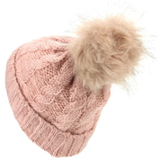 Twisted Rib Knitted Hat with Matching Colour Bobble - Baby Pink