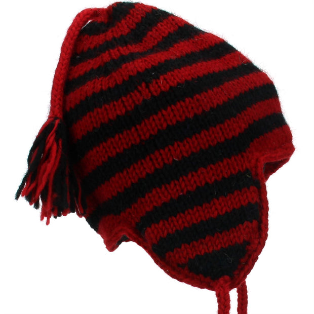 Wool Knit Earflap Tassel Hat - Stripe Red Black