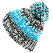 Hand Knitted Wool Beanie Bobble Hat - SD Black Turquoise
