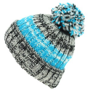 Hand Knitted Wool Beanie Bobble Hat - SD Black Turquoise