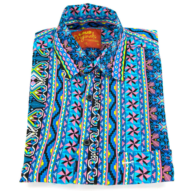 Regular Fit Short Sleeve Shirt - Geometric Aztec - Blue