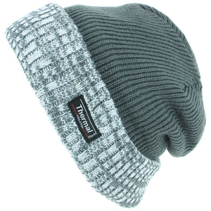 Fine Knit Beanie Hat with Thermal Lining and Marl Turn-up - Green