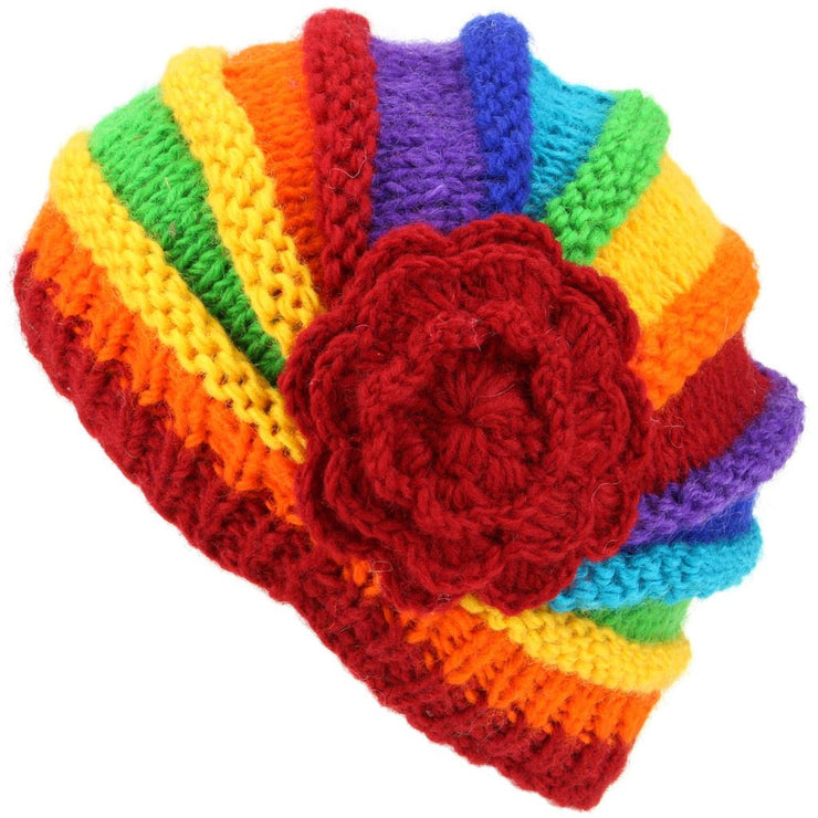 Ladies Chunky Wool Knit Shell Shaped Beanie Hat with Side Flower - Rainbow