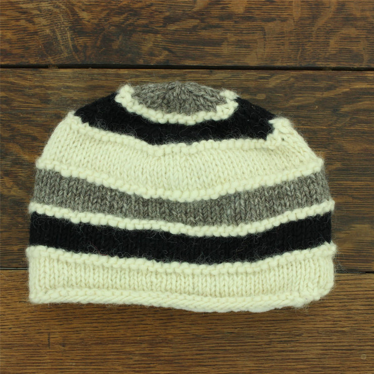 Hand Knitted Wool Beanie Hat - Stripe Cream Black