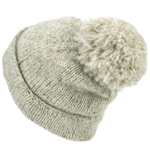 Chunky Wool Knit Baggy Slouch Beanie Bobble Hat - Light Grey
