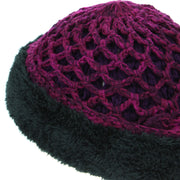 Acrylic Knit Lattice Flower Beanie Hat - Purple