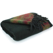 Tibetan Wool Blend Shawl Blanket - Black with Green & Red Reverse