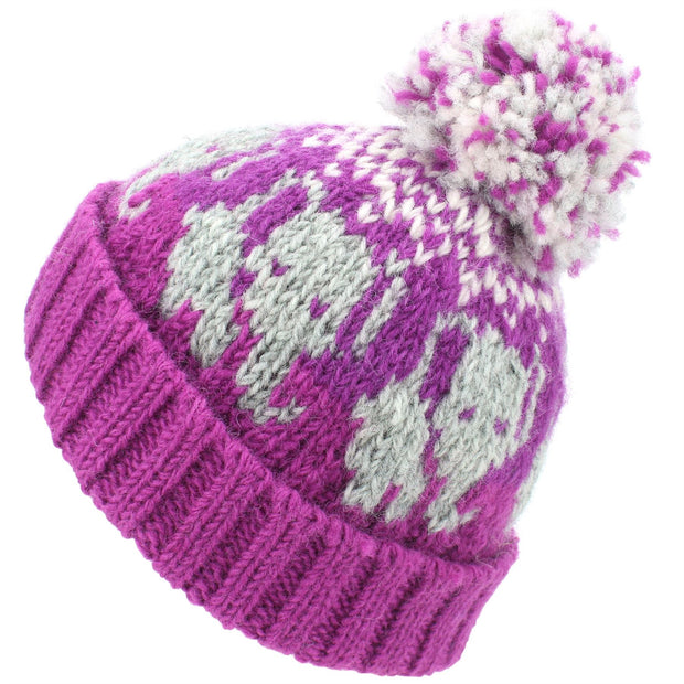 Wool Knit Bobble Beanie Hat - Elephant - Pink White