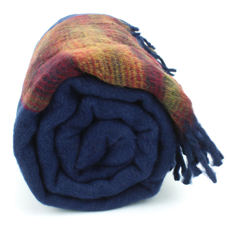 Tibetan Wool Blend Shawl Blanket - Navy with Sunset Reverse