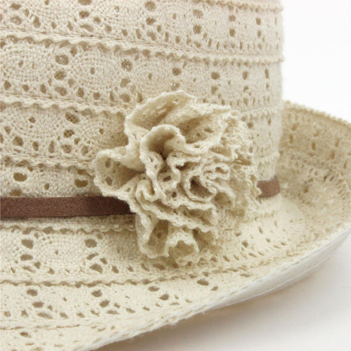 Ladies lace trilby hat with skinny faux leather band - Cream (57cm)