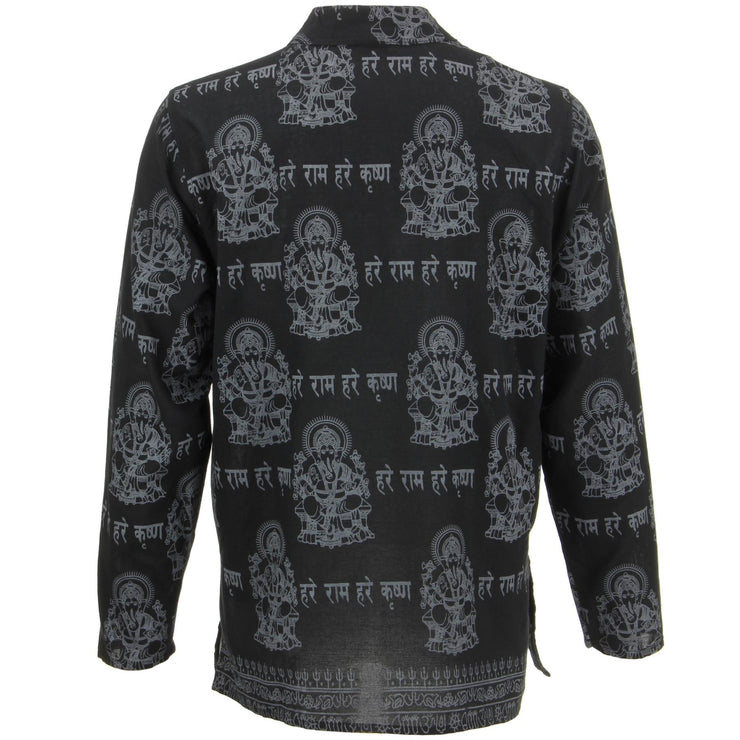 Long Sleeve 'Ganesh' Printed Nepalese Kurta Grandad Shirt - Black